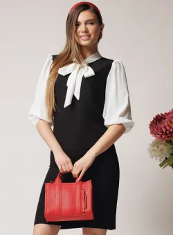 Rochie DY Fashion office din stofa neagra cu maneci si guler din voal albe