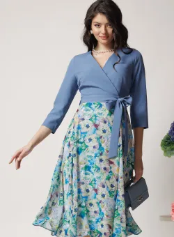 Rochie DY Fashion office din stofa si voal bleu cu imprimeu pe fusta