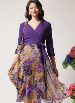 Rochie DY Fashion office din stofa si voal mov cu imprimeu pe fusta