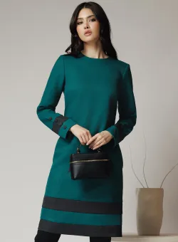 Rochie DY Fashion office din stofa verde cu benzi negre