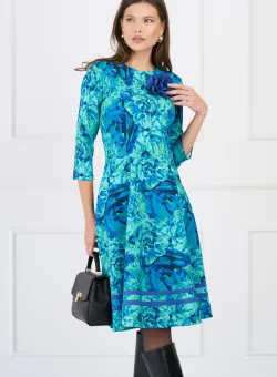 Rochie DY Fashion office din stofa verde cu imprimeu si floare albastra