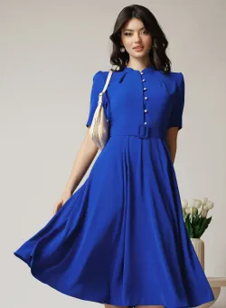 Rochie DY Fashion office din triplu voal albastra cu nasturi la bust si curea in talie