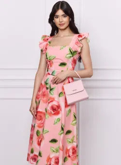Rochie DY Fashion roz cu imprimeuri florale corai si volane la umeri