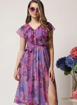 Rochie DY Fashion roz din voal cu imprimeu mov si cordon in talie