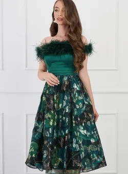 Rochie DY Fashion verde cu imprimeu pe fusta si pene la bust