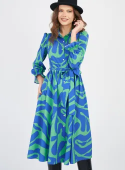 Rochie DY Fashion verde cu imprimeuri albastre si nasturi