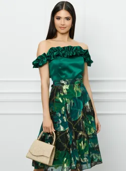 Rochie DY Fashion verde cu imprimeuri florale pe fusta si volane la bust