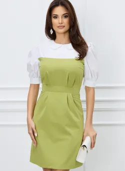 Rochie DY Fashion verde olive cu bust alb si guler