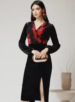 Rochie eleganta din catifea neagra cu imprimeu rosu la bust