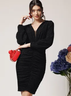 Rochie eleganta din lurex neagra cu fronseu pe fusta