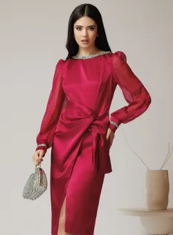 Rochie eleganta din satin fucsia cu maneci din voal
