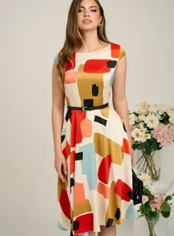 Rochie eleganta din satin ivory cu imprimeuri corai si curea in talie