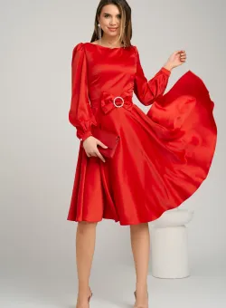 Rochie eleganta din satin rosie cu funda in talie