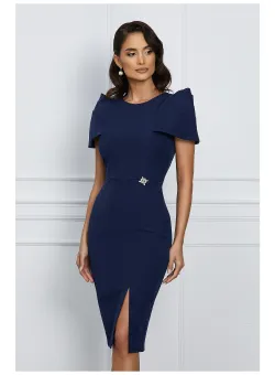 Rochie eleganta din stofa bleumarin cu umeri bufanti