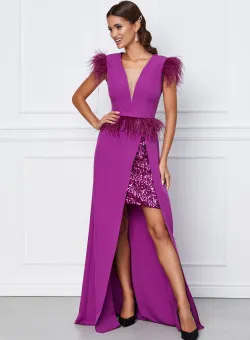 Rochie eleganta din stofa mov lunga cu pene si paiete