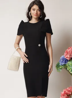 Rochie eleganta din stofa neagra cu umeri bufanti