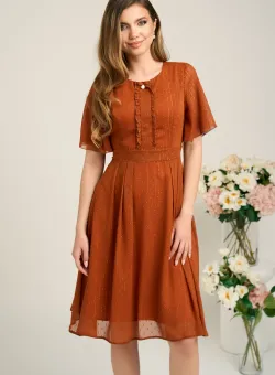 Rochie eleganta din voal portocalie cu insertii in relief si fir lurex