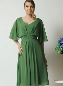 Rochie eleganta vaporoasa din voal verde cu pliuri pe talie