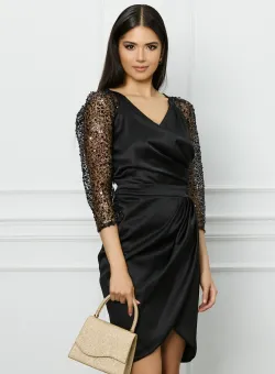 Rochie Ella Collection Alison neagra cu broderie si perle pe maneci