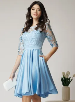 Rochie Ella Collection Ana eleganta din tafta bleu cu broderie florala 3D la bust