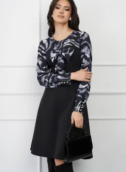 Rochie Ella Collection Andrada neagra cu funda si imprimeu gri
