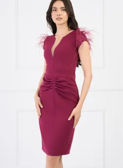 Rochie Ella Collection Any eleganta din stofa magenta cu pene la umeri fronseuri in fata