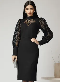 Rochie Ella Collection Kira eleganta din stofa neagra cu detalii catifelate pe maneci