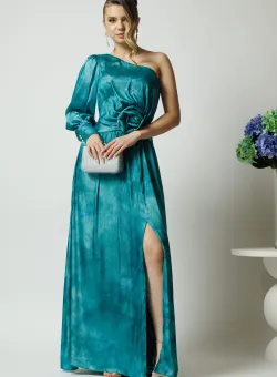 Rochie Ella Collection Noa lunga de ocazie turcoaz din satin cu floare maxi pe talie