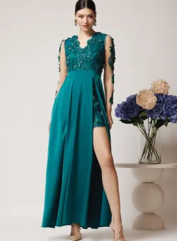 Rochie Ella Collection Vanessa lunga eleganta din tafta verde cu flori 3D