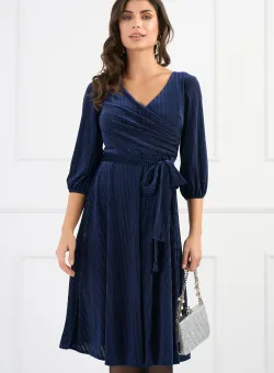 Rochie Ella Collection Zora eleganta din catifea bleumarin cu model zig-zag si cordon in talie