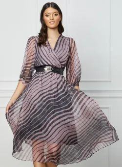 Rochie Isabela gri cu dungi roz si curea in talie
