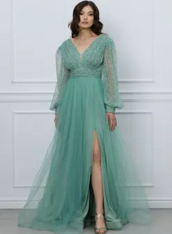 Rochie Julie lunga verde menta din tull cu strasuri la bust
