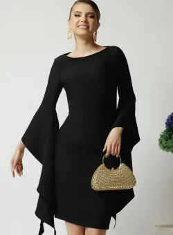 Rochie LaDonna de ocazie din stofa neagra cu maneci maxi evazate