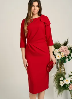 Rochie LaDonna eleganta din stofa rosie cu funda maxi pe umar si fronseu in talie