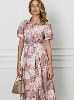 Rochie LaDonna maro cu imprimeuri florale roz si cordon in talie