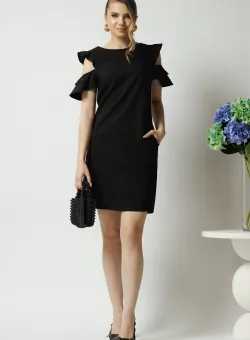 Rochie LaDonna office din stofa neagra cu volane la maneci