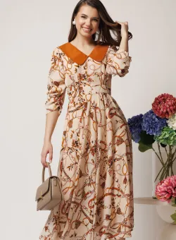 Rochie LaDonna office din voal bej cu print chain si guler maxi alb