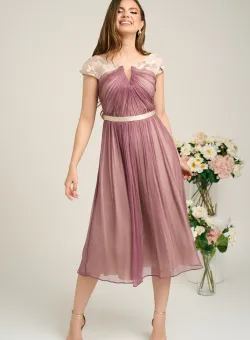 Rochie Leonard Collection eleganta din matase naturala lila cu floricele pe umeri