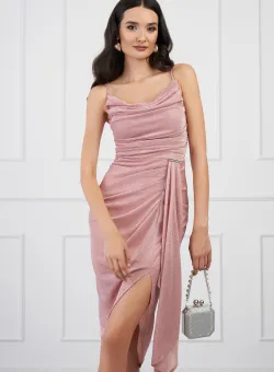 Rochie Lexi roz din lurex cu fronseuri