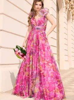 Rochie lunga de ocazie din tull fucsia cu imprimeu verde