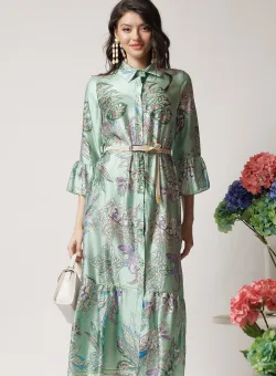 Rochie lunga de zi din satin verde mint cu imprimeuri si cordon in talie
