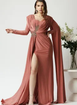 Rochie lunga eleganta din lycra roz coniac cu strasuri pe talie