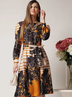 Rochie midi office de zi cu imprimeu galben mustar