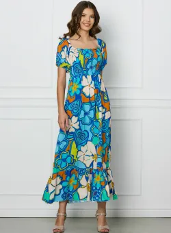 Rochie Mira albastra cu imprimeuri orange si elastic la bust