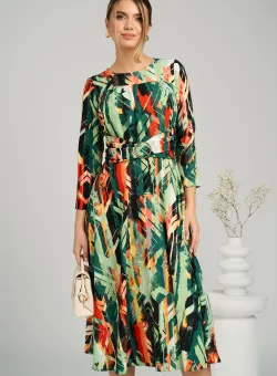 Rochie Moze de zi din viscoza verde cu imprimeuri corai si catarama in talie