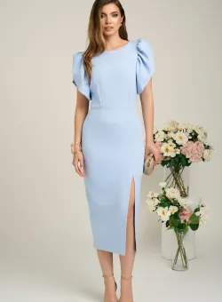 Rochie Moze eleganta din stofa bleu cu maneci bufante