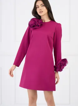 Rochie Moze eleganta din stofa magenta cu flori maxi din organza