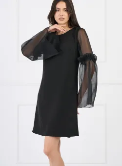 Rochie Moze eleganta din stofa neagra cu maneci clopot din organza
