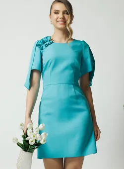 Rochie Moze eleganta din stofa turcoaz cu incretitura pe umar