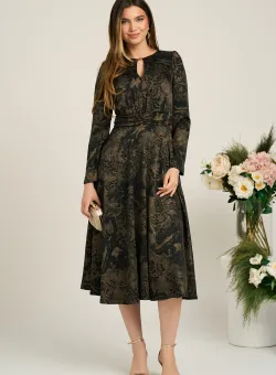 Rochie Moze eleganta din voal satinat maro cu imprimeuri